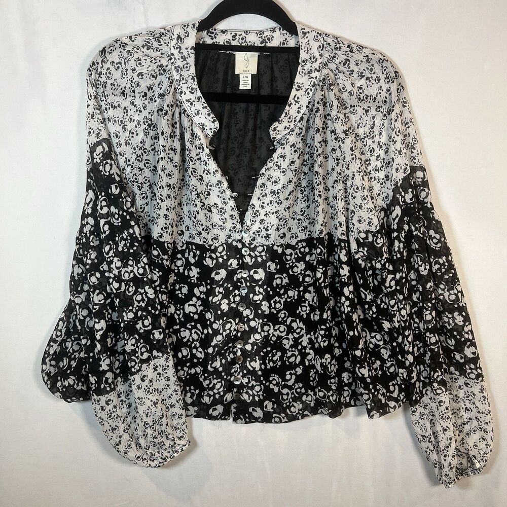 Joie Women’s Blouse Long Sleeve Chiffon Button Front Floral Black White Size L